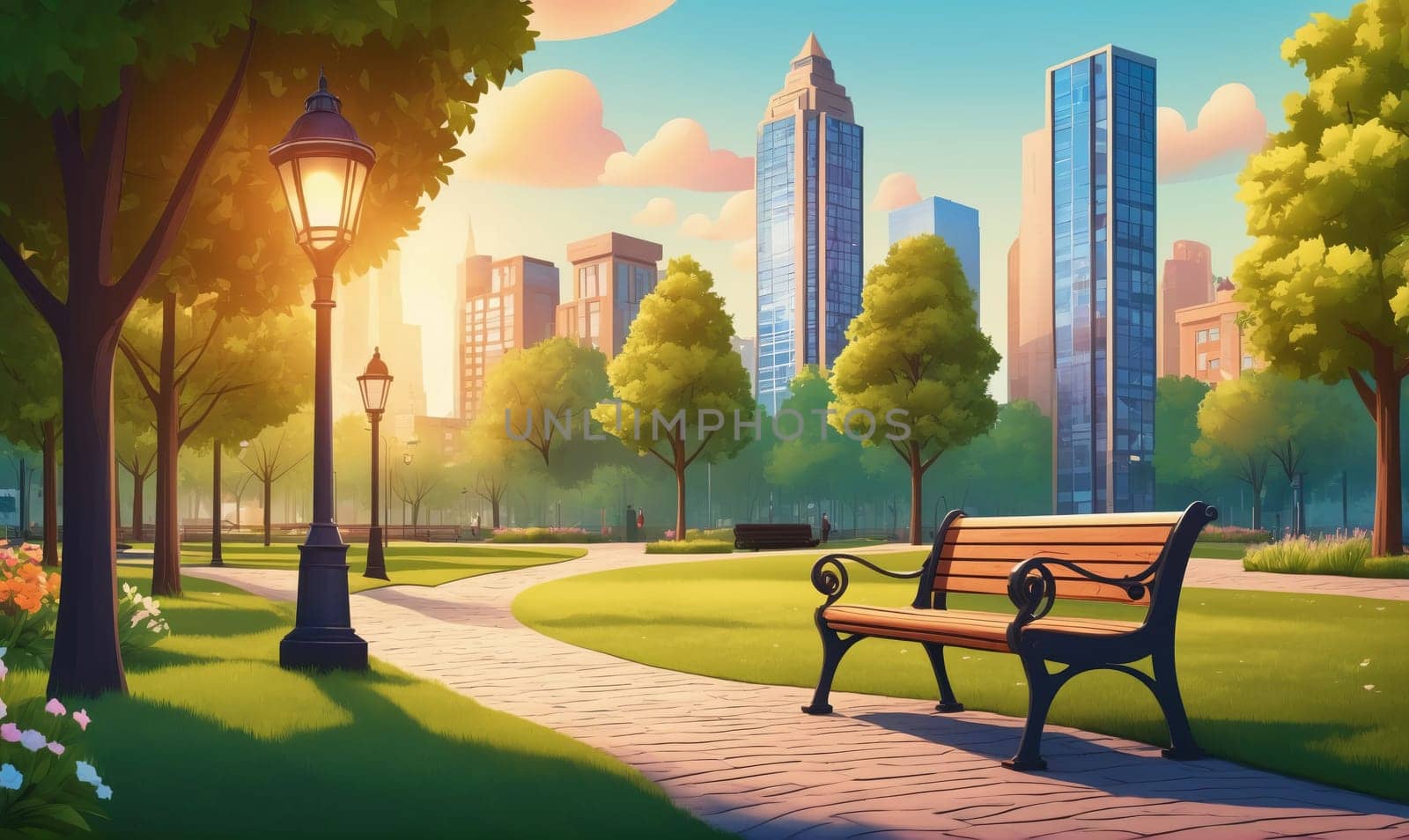 An empty wooden bench sits on a brick pathway in a green park. Tall trees frame the pathway and a lamppost stands tall to the left. Skyscrapers rise in the distance, with a cloudy sky above.