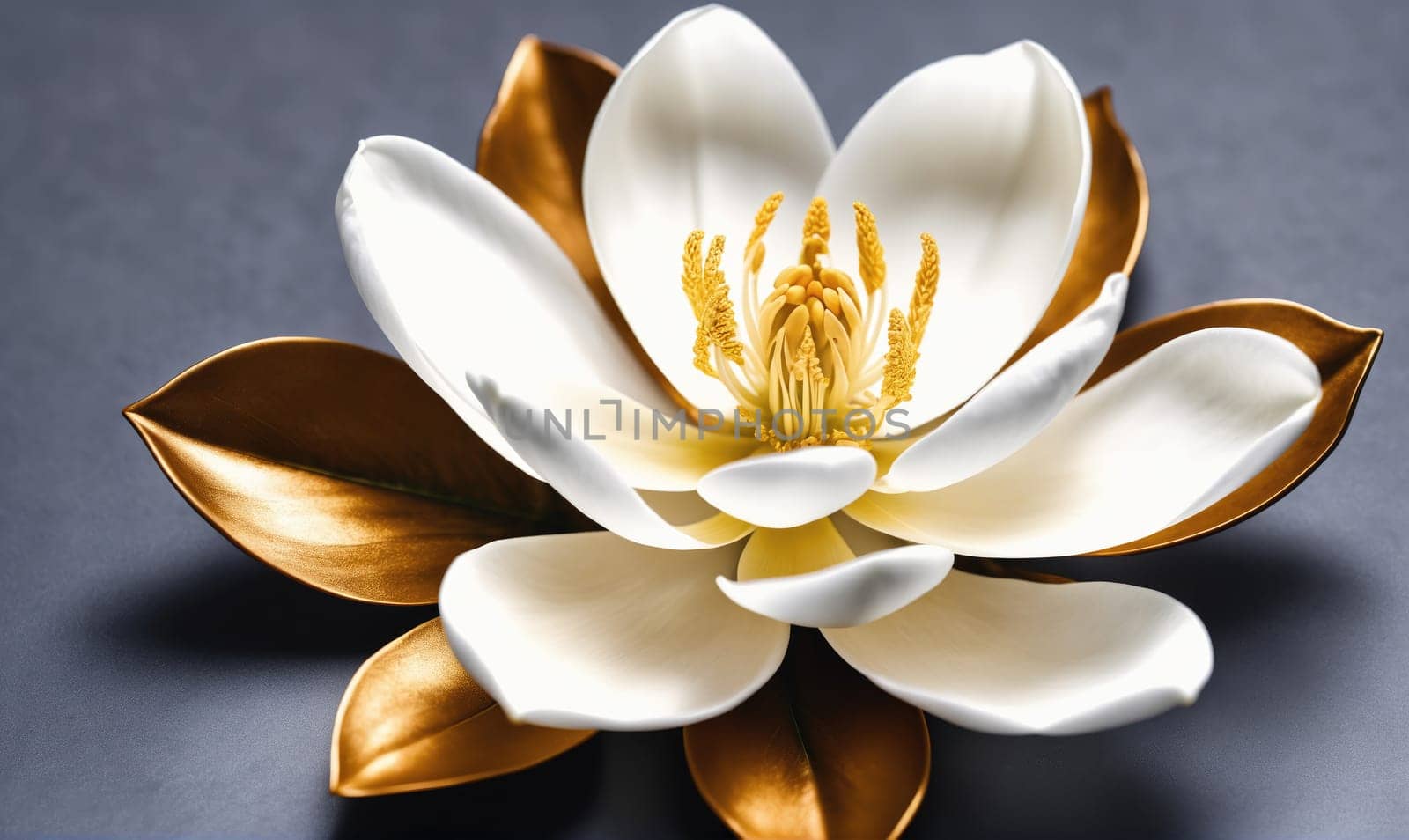 A single white magnolia flower with gold-tipped petals rests on a dark gray surface. The flower has a prominent yellow center and is in full bloom.