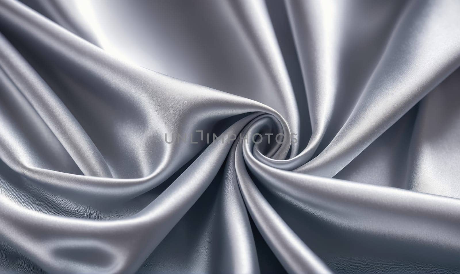 A close-up shot of a smooth, silver-colored satin fabric. The fabric is folded and draped in a soft, swirling pattern, revealing its silky texture and glossy sheen.