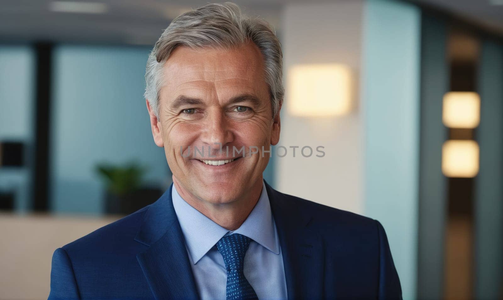 A middle-aged man with gray hair is standing in an office, wearing a blue suit, a light blue shirt, and a dark blue tie. He is smiling and looking directly at the camera.