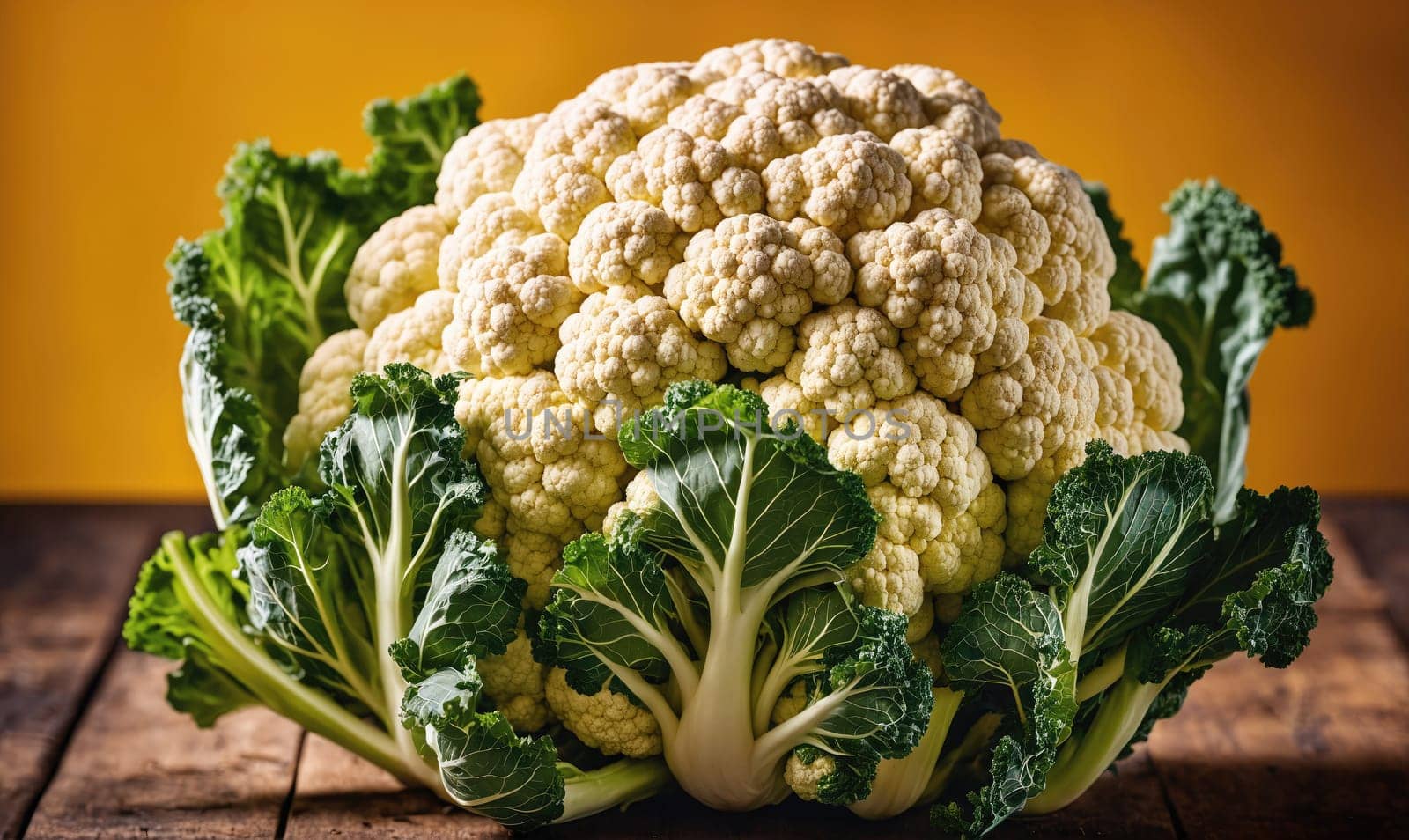 A close-up shot of a large head of cauliflower with green leaves surrounding it. The cauliflower is light yellow in color and the leaves are dark green. The background is a blurry orange color