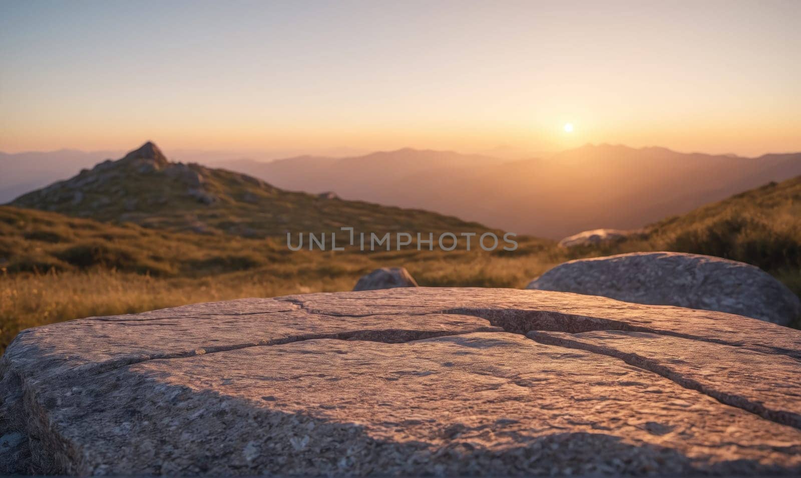 A large, flat rock sits on a grassy mountain peak. The sun is setting behind distant hills, casting a warm glow over the landscape.