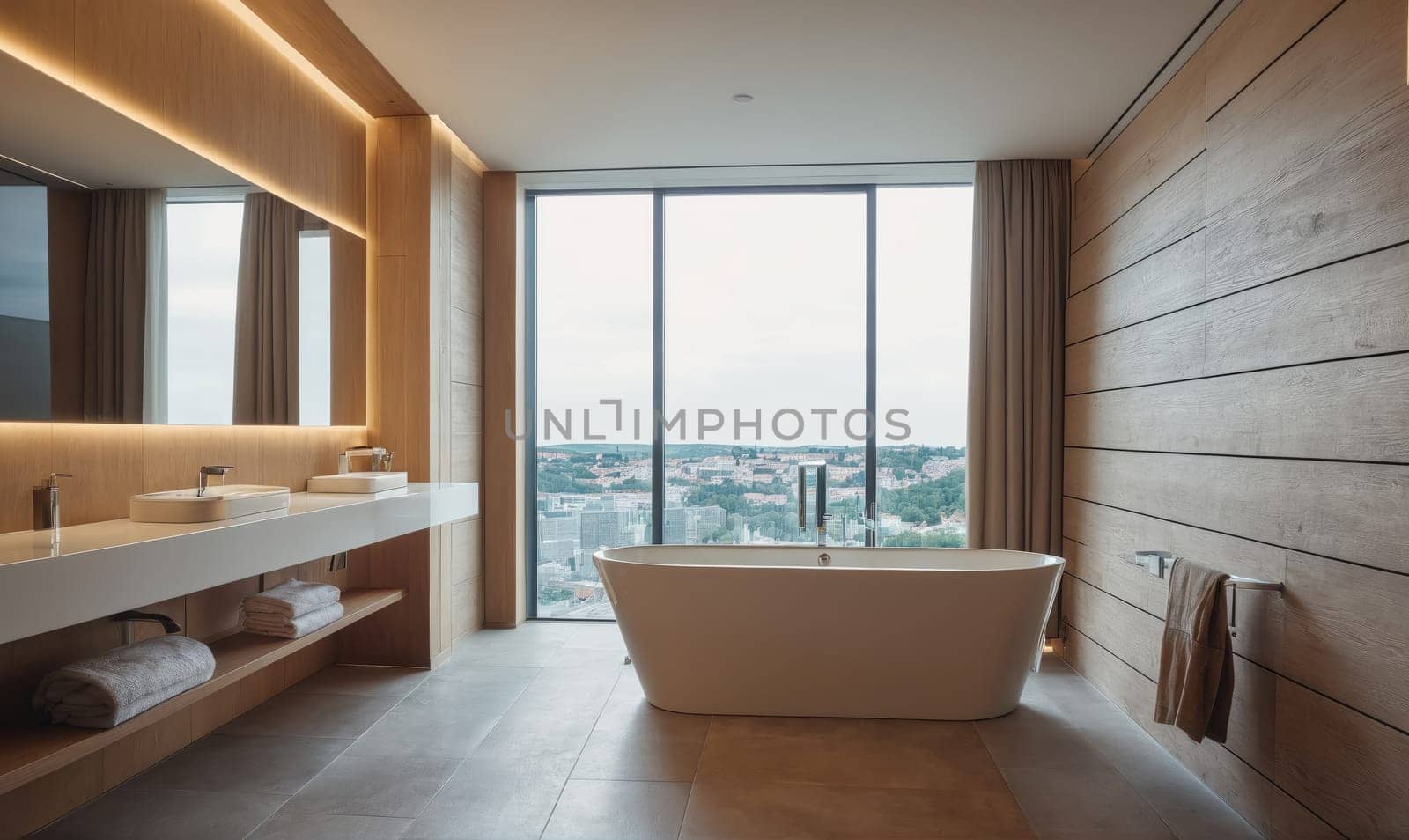 A spacious bathroom with wood paneling, a white countertop vanity with two sinks, and a large window showcasing a city view