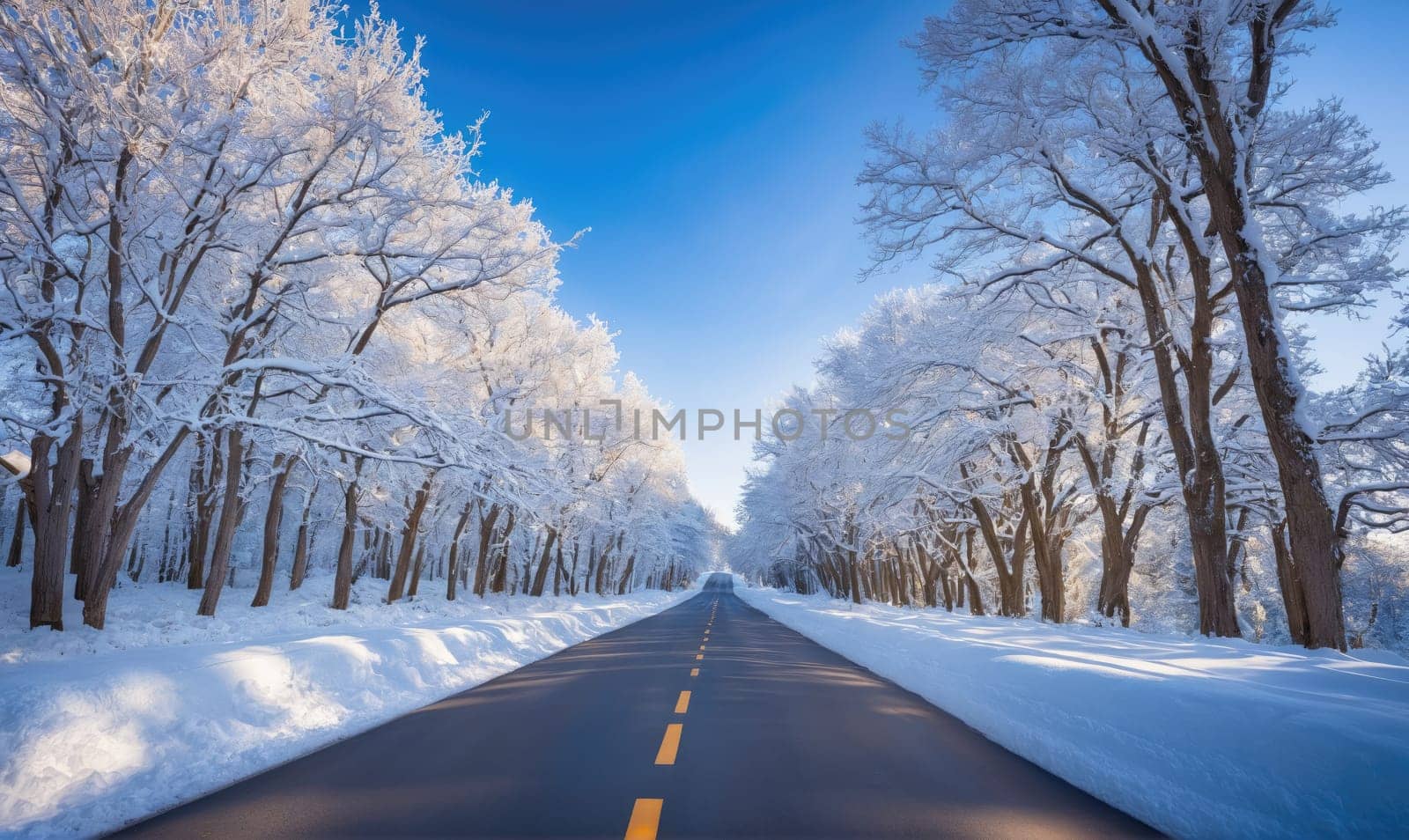 A paved road lined with tall, snow-covered trees stretches into the distance on a sunny winter day. The road is empty and the snow is pristine, making for a picturesque scene.