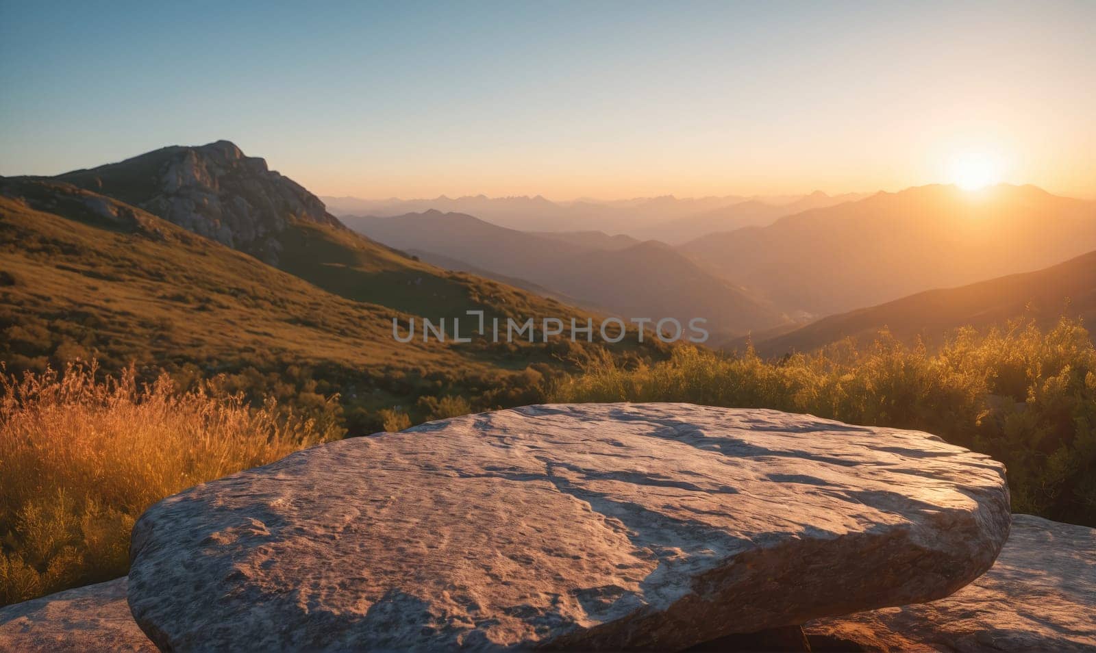 The sun rises over a valley as a large rock sits on a mountaintop. The sky is a bright orange and yellow.