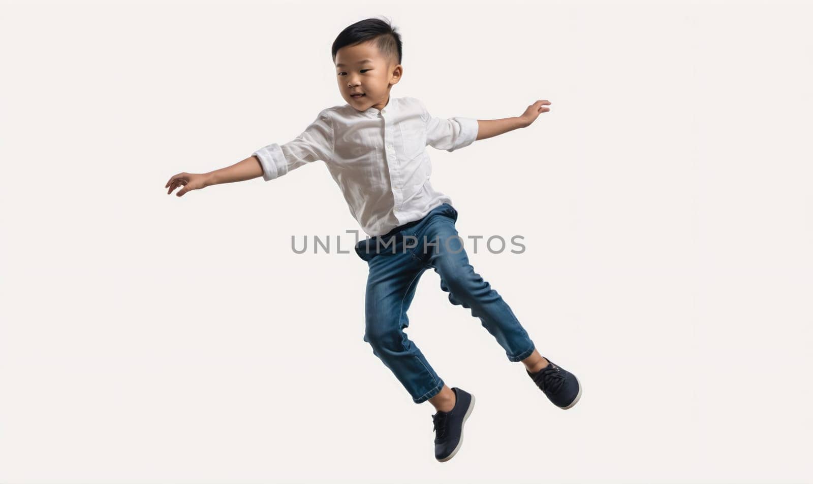 A young boy with short black hair jumps in the air. He is wearing a white button-down shirt and dark blue jeans. He is smiling and his arms are outstretched. The background is a solid white.
