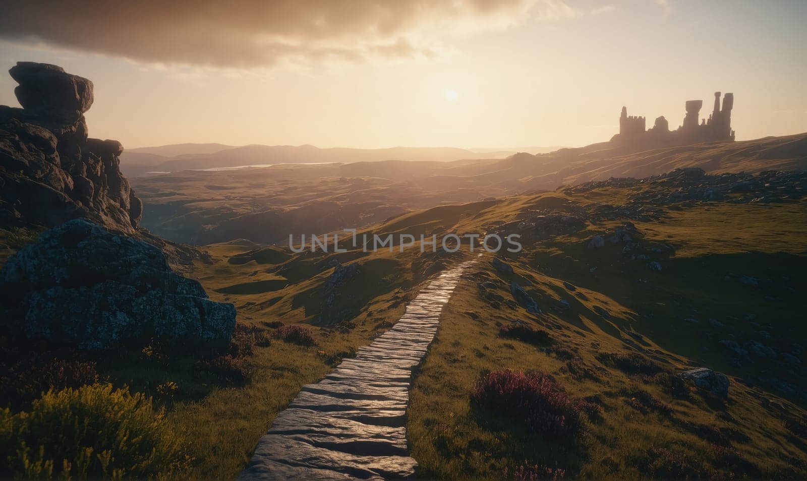 A stone path winds up a grassy hill towards a ruined castle in the distance. The sun sets in the background, casting a warm orange light over the scenery.