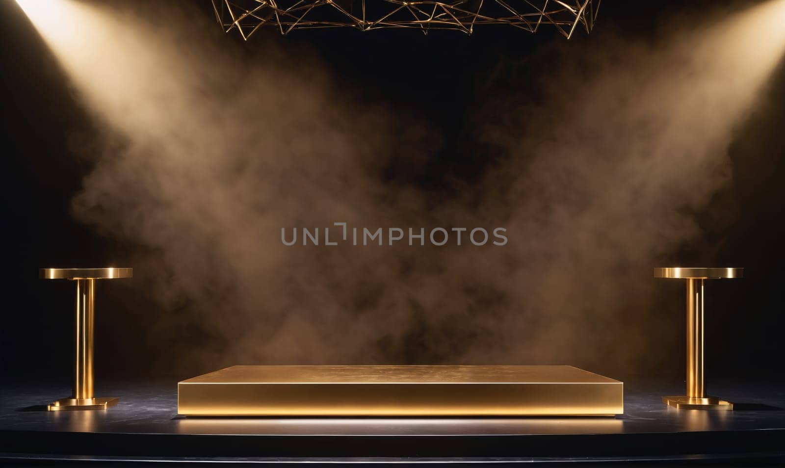 A stage with a golden platform is illuminated by spotlights, creating a dramatic and atmospheric effect. The platform is surrounded by smoke, adding to the mystique and ambiance of the scene.