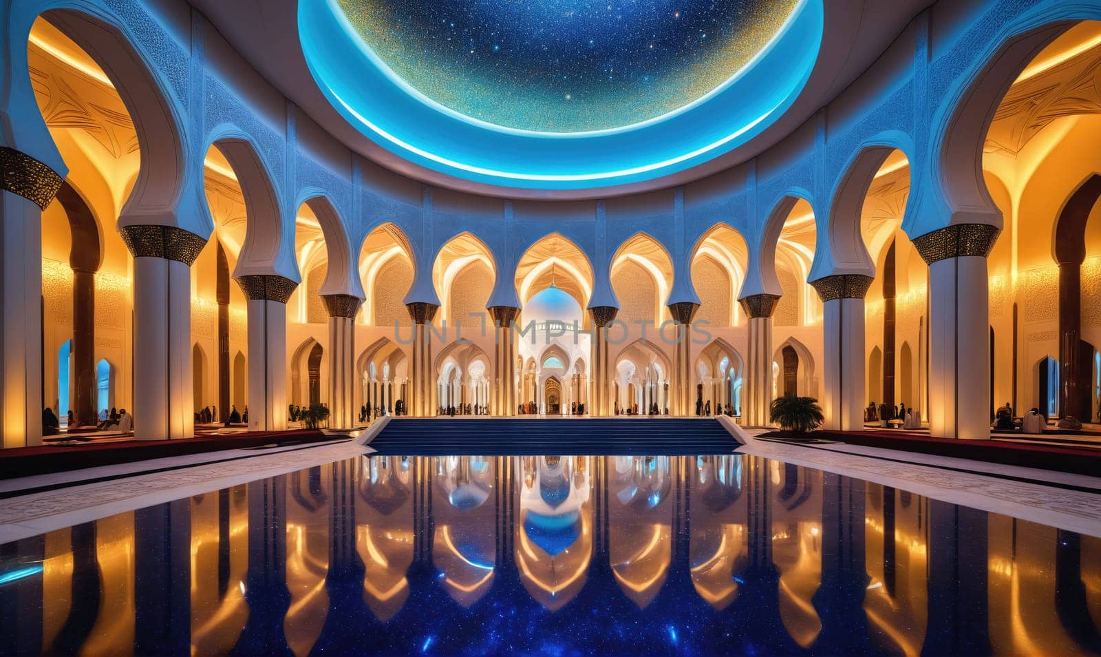 A view of the interior of a grand mosque, showcasing its expansive hall with a high ceiling and a central pool
