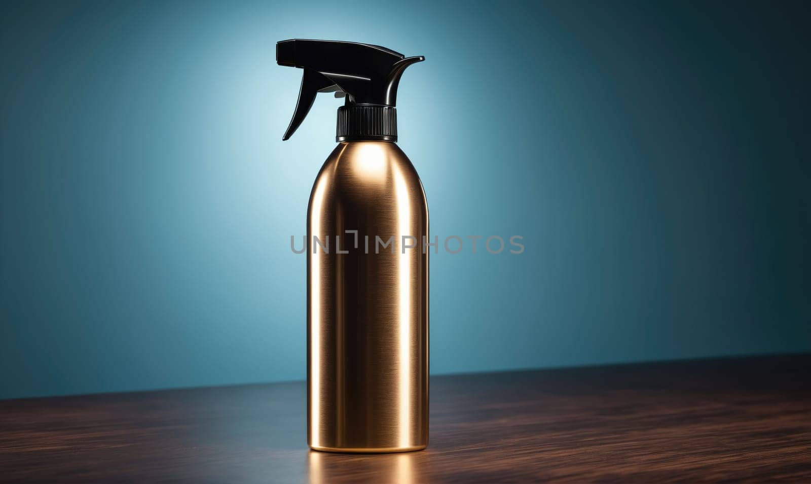 A gold spray bottle with a black nozzle sits on a wooden table in front of a blue background.
