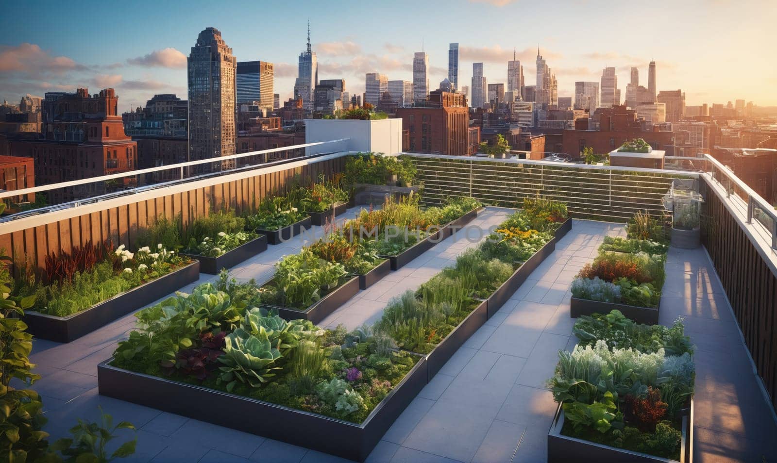A rooftop garden with a variety of plants and herbs growing in raised beds. The garden is surrounded by a railing and overlooks a cityscape. The setting sun casts a warm glow on the scene.