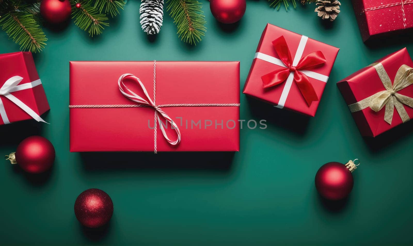 Red gift boxes are arranged on a green background with pine branches and red ornaments. The boxes are wrapped with red, white, and gold ribbon. The image is taken from a top-down perspective.