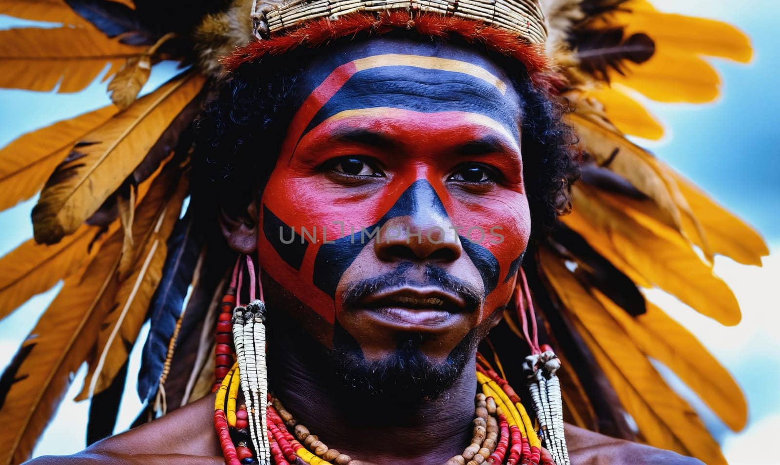 A man wearing a headdress made of yellow feathers, red paint on his face and chest, and beaded jewelry around his neck.