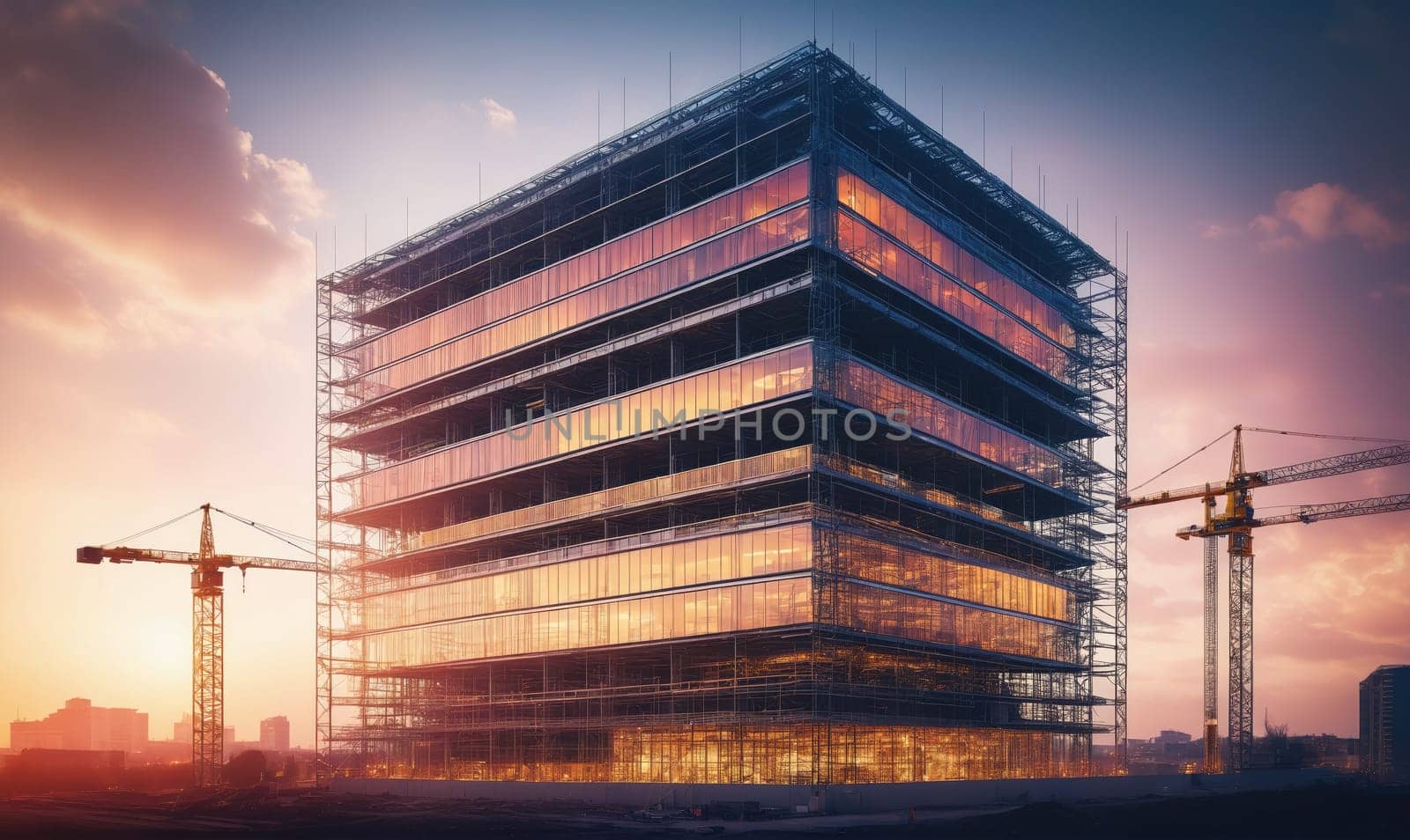 A tall building is being constructed. The building has many windows and is surrounded by scaffolding. There are two cranes working on the project in the background