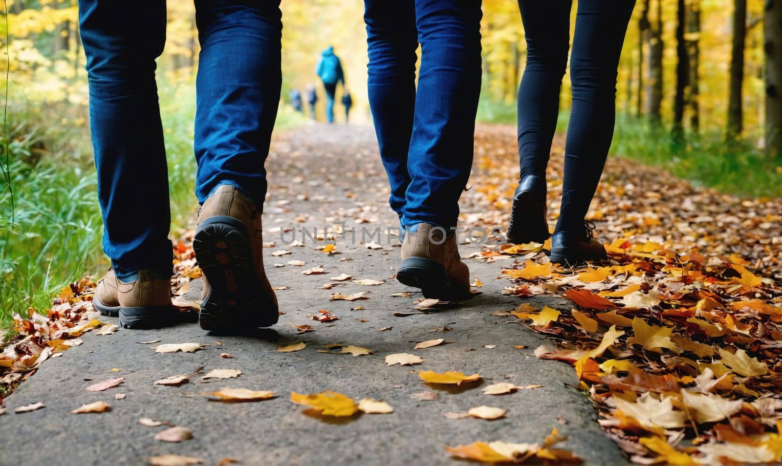 The lower halves of four people walking down a paved path through a forest. The path is covered in fallen leaves.