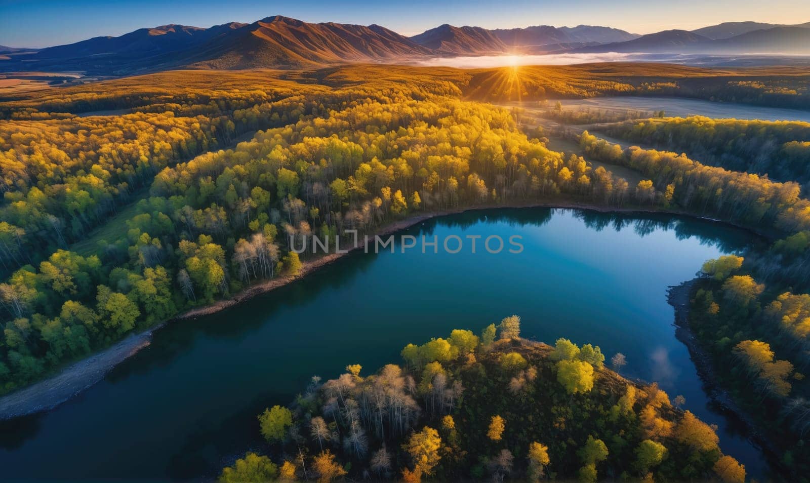 A calm, blue lake winds through a valley of trees with yellow, orange, and green leaves. The sun is rising over the mountains in the distance, casting rays of light across the landscape.