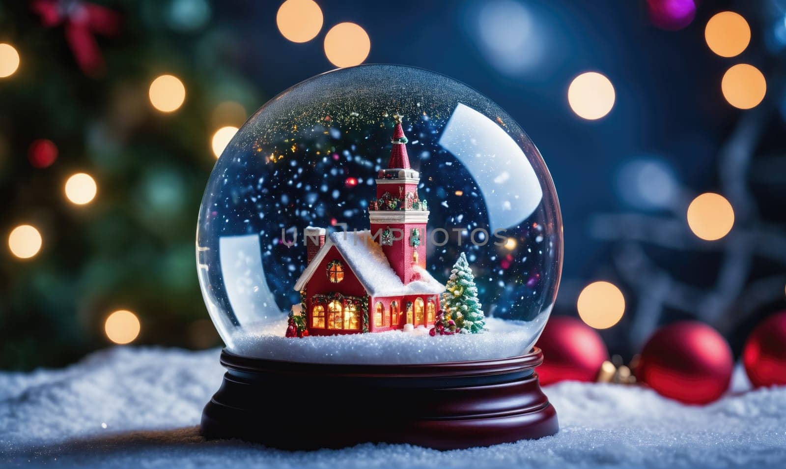 A snow globe with a miniature church and a small Christmas tree inside sits on a white surface. The snow globe is on a brown base and is filled with fake snow