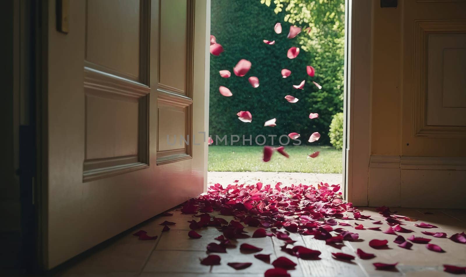 Rose petals float in the air through an open door, landing on the floor inside.
