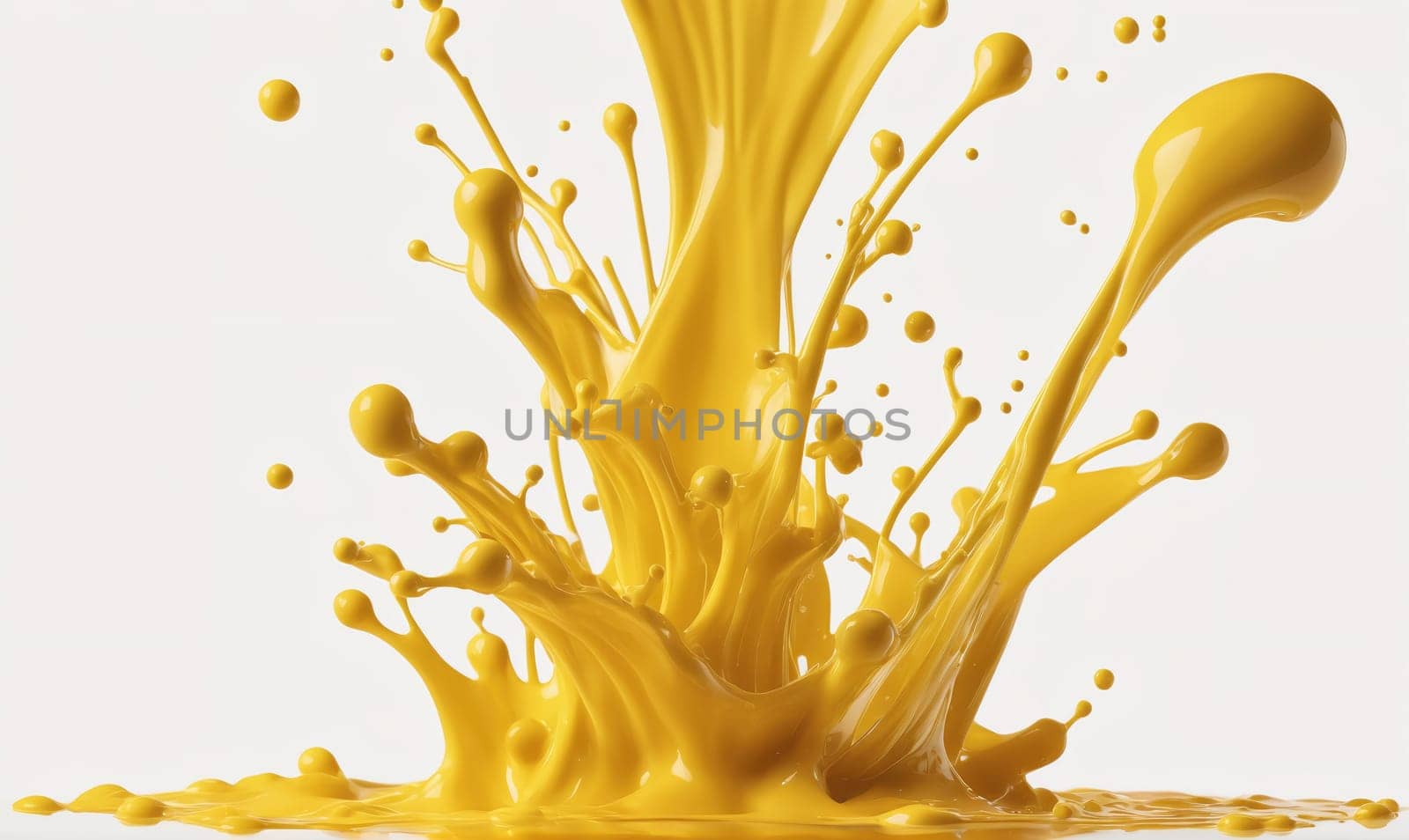 A splash of yellow paint bursts upward from a white surface, forming a crown-like shape with several droplets and tendrils reaching toward the top of the frame.