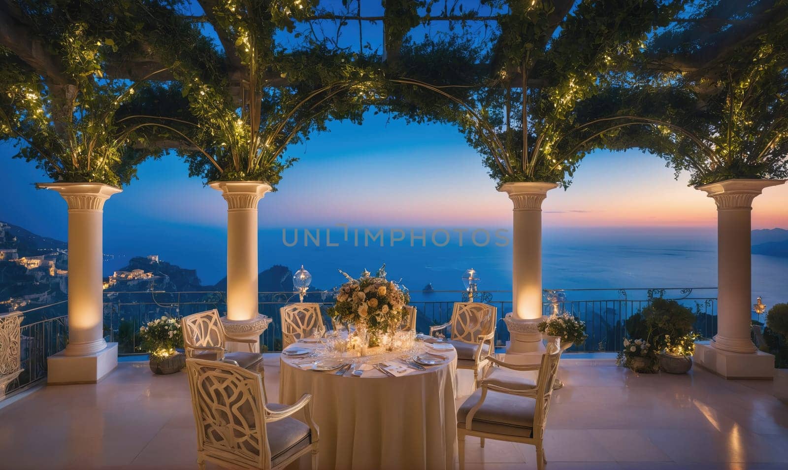 A table is set with white linens, flowers, and candles on a terrace with a view of the ocean and a distant coastline