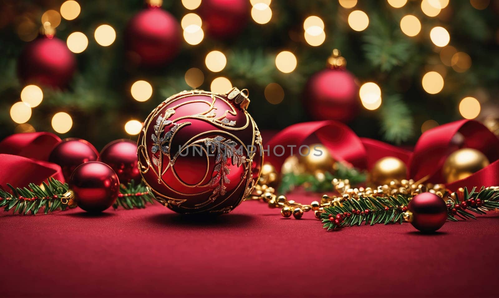 A red and gold ornament sits on a red background. The ornament is surrounded by other red and gold ornaments, creating a festive and joyful atmosphere
