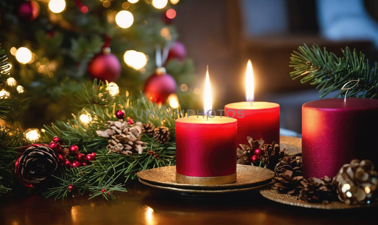 Three red candles are burning brightly on a wooden table. They are surrounded by pine branches adorned with small red berries and pine cones