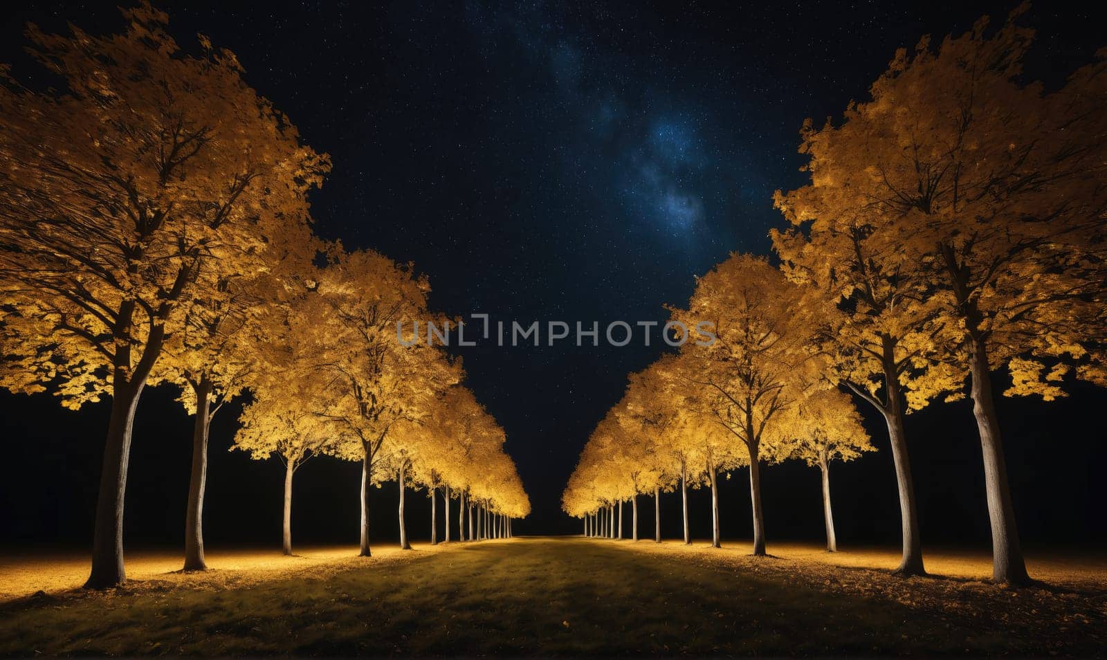 A long pathway lined with trees is illuminated by spotlights, creating a warm glow. The trees are bare, with yellow leaves scattered on the ground. The night sky is dark, with a few stars visible.