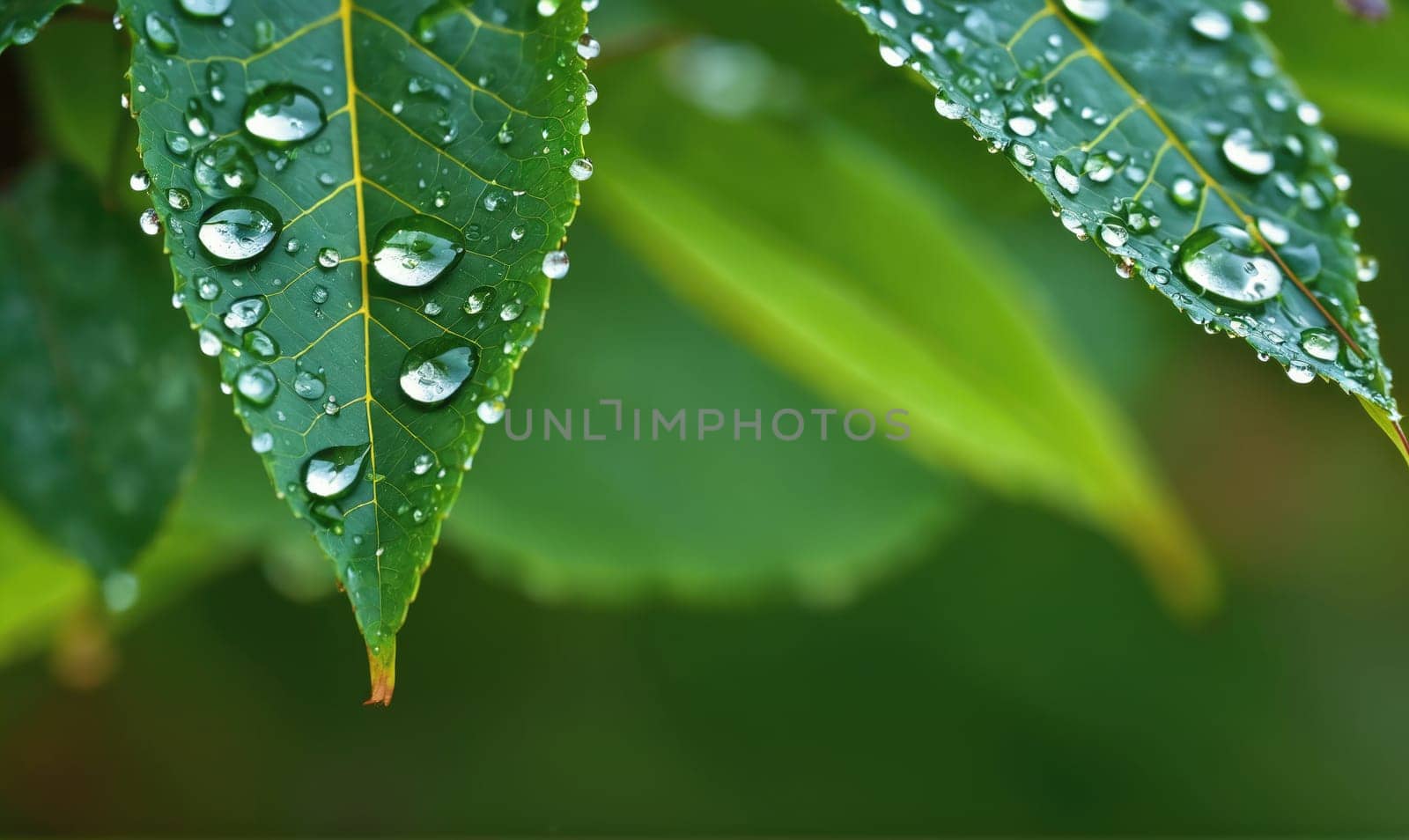 Close-up of a green leaf with many dewdrops on it. The leaf is in focus and the background is blurred.