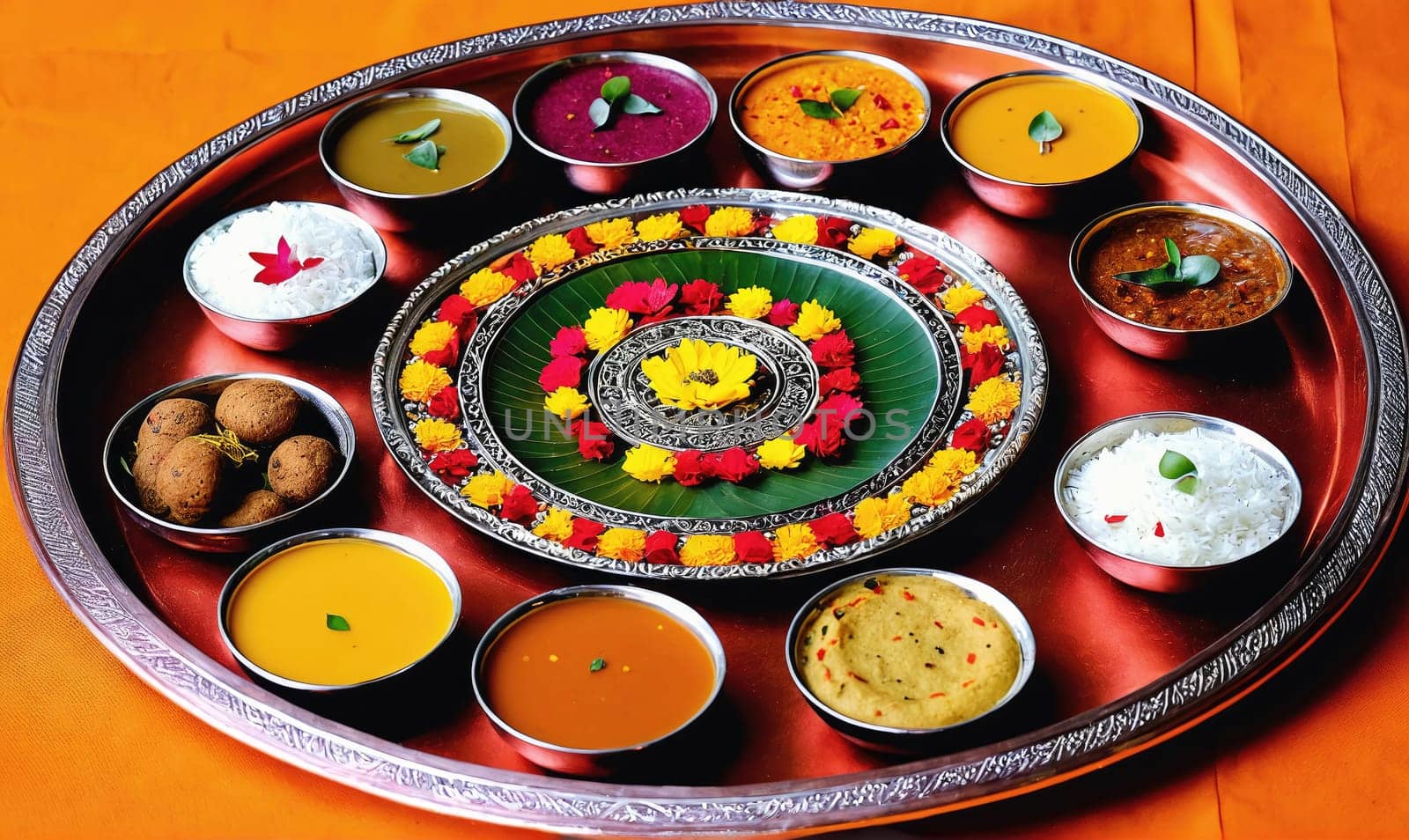 A circular silver platter contains a colorful arrangement of small bowls filled with various Indian dishes, including rice, curries, and fried snacks