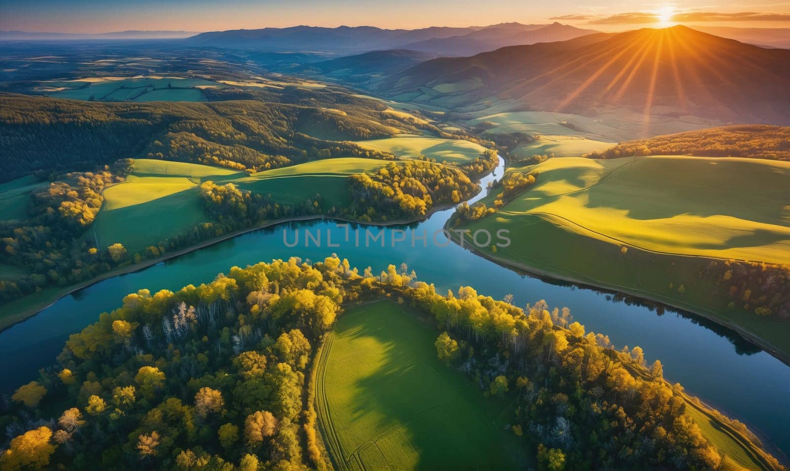 A winding river snakes its way through green hills and forests, illuminated by the golden rays of the setting sun