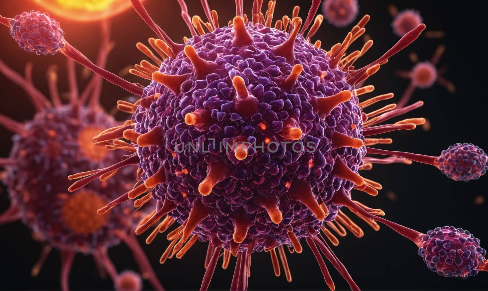 A close-up 3D rendering of a virus, depicting its complex structure with numerous red spikes protruding from a purple core.