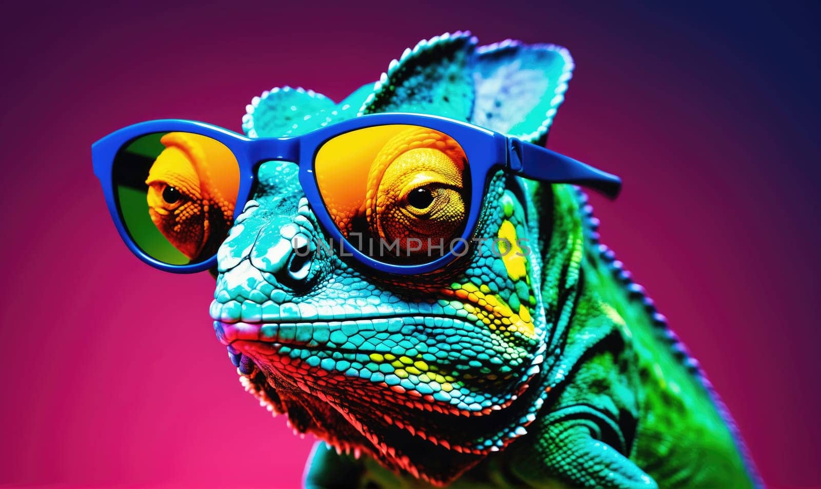 A chameleon with green and blue scales is wearing blue sunglasses and staring directly at the camera with a serious expression. The chameleon is set against a bright pink and blue background.