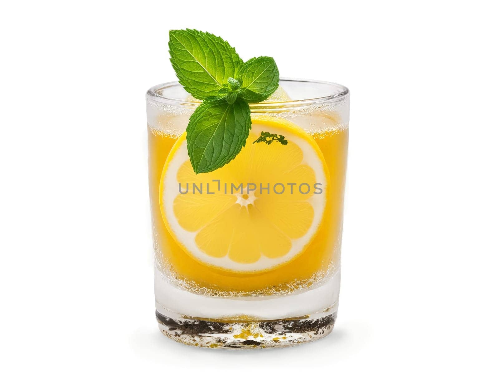 Ugandan Waragi in shot glass garnished with slice of lemon and sprig of mint. Drink isolated on transparent background.