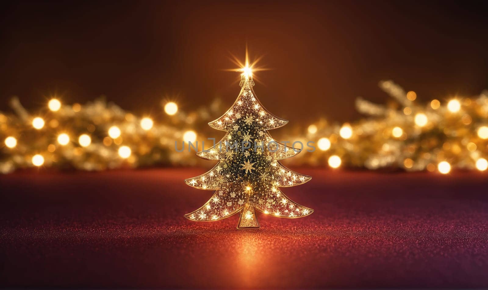 A small Christmas tree with a light on top of it. The tree is surrounded by a string of lights