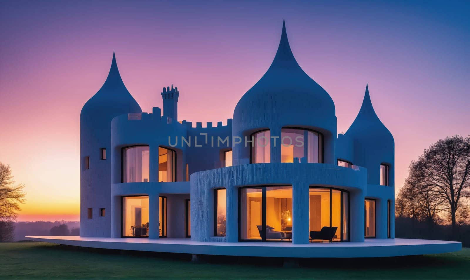 A white house with a unique castle-like design and many large windows sits on a green grassy hill at sunset. The sky is a vibrant purple and pink, and the sun is setting behind the house.