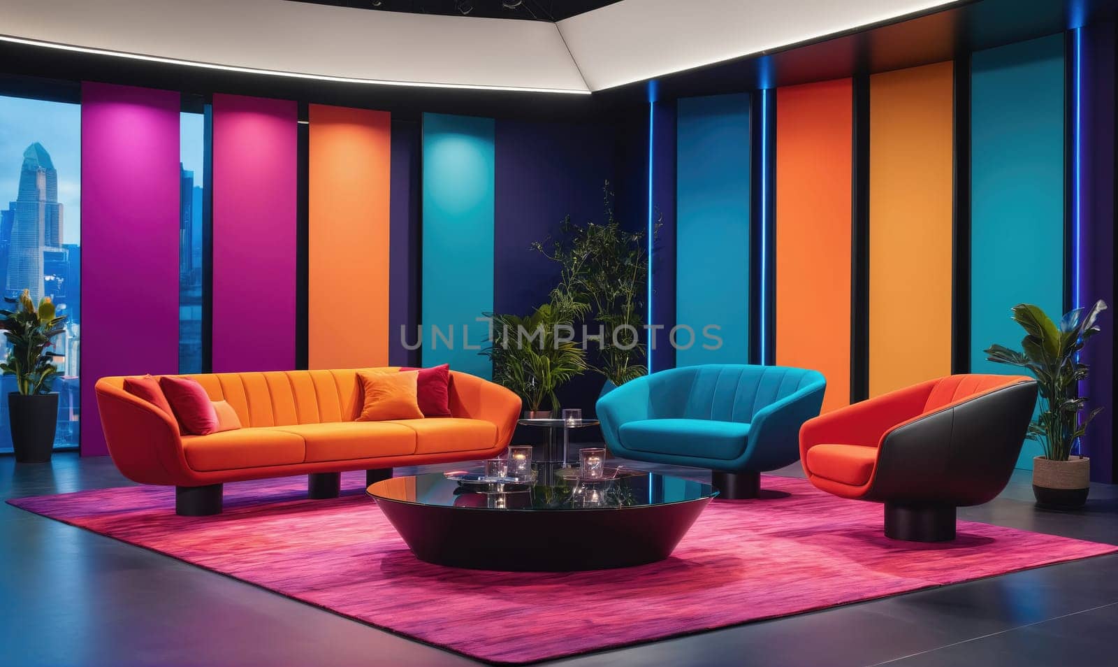 A contemporary living room featuring a large orange sofa, two armchairs in teal and red, and a round black coffee table
