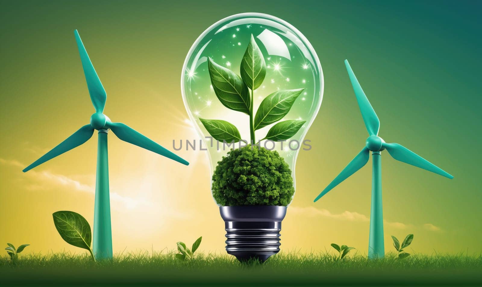 Two wind turbines stand in a field of grass and small plants, with a large lightbulb in the center containing a green plant growing inside it.