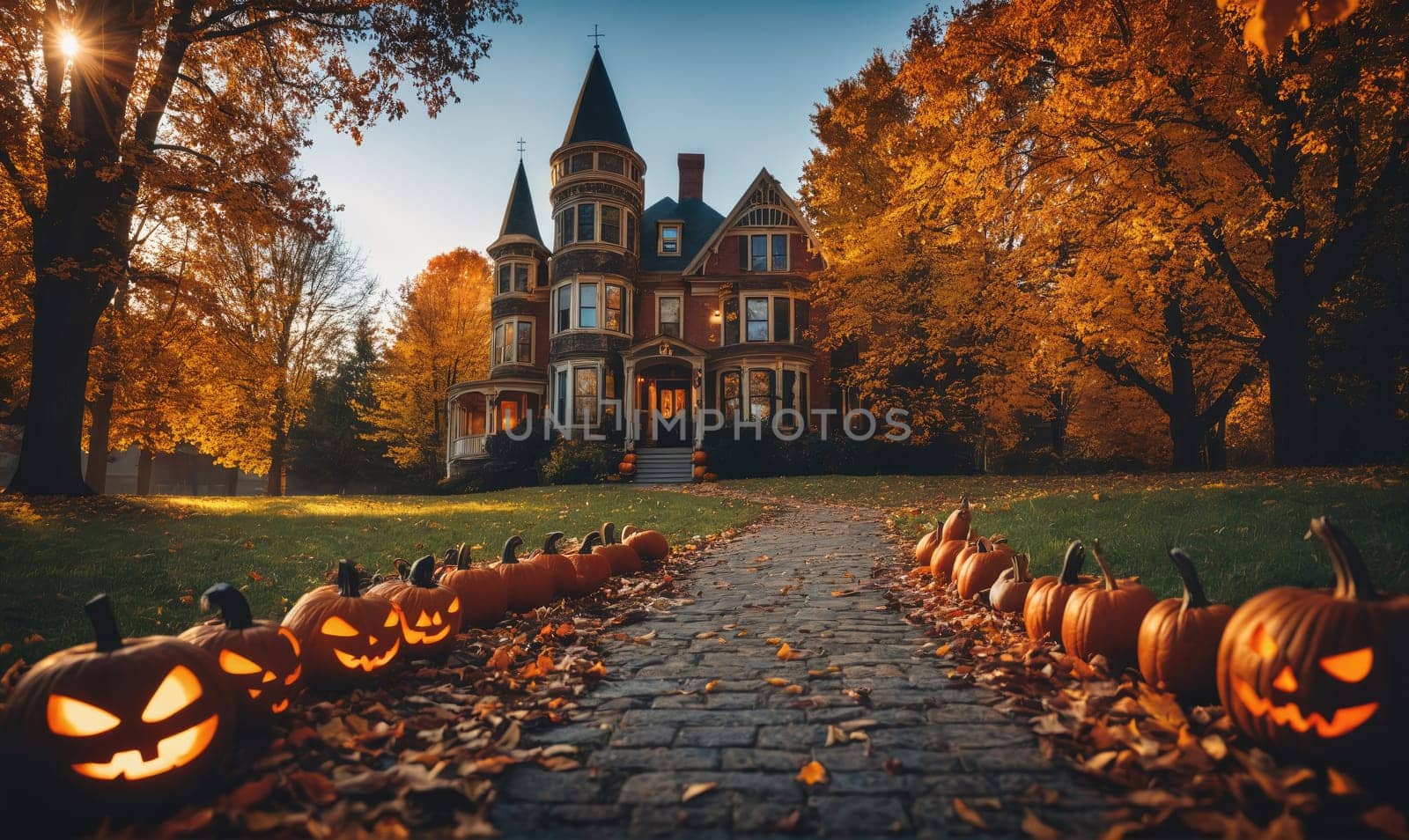 A brick path lined with glowing jack-o'-lanterns leads toward a grand, Victorian-style house. The yard is covered in fallen leaves, and the trees surrounding the house have autumnal foliage.