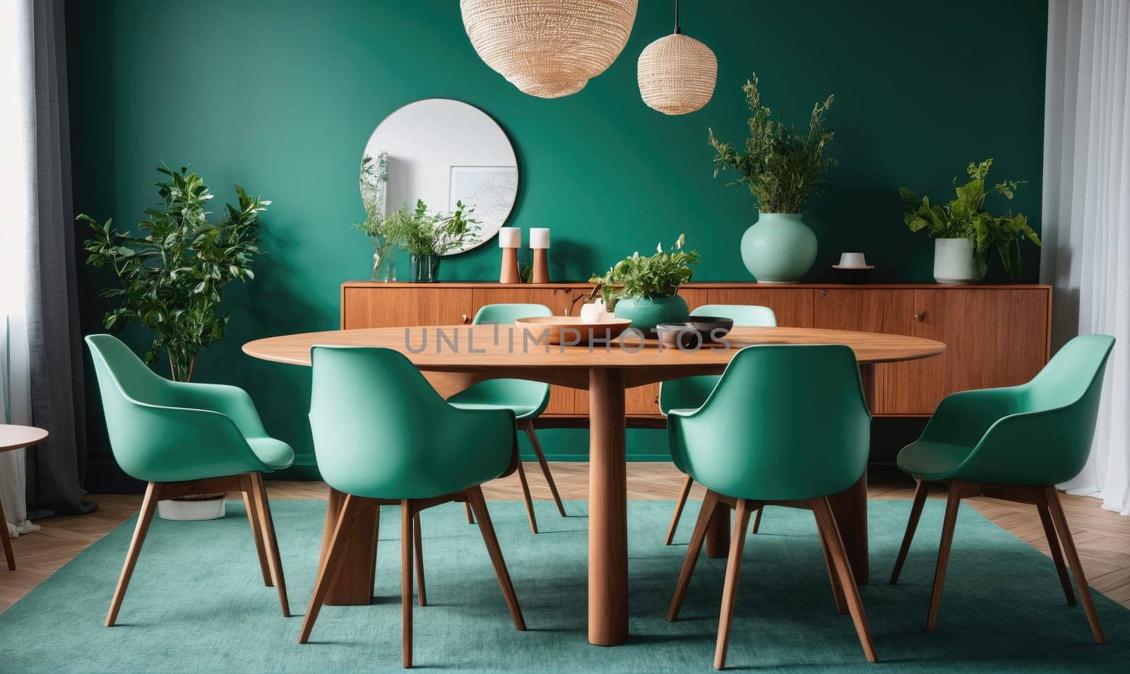 A dining room with a large wooden table and six teal chairs. The chairs are arranged around the table, which is set with a place setting for each chair