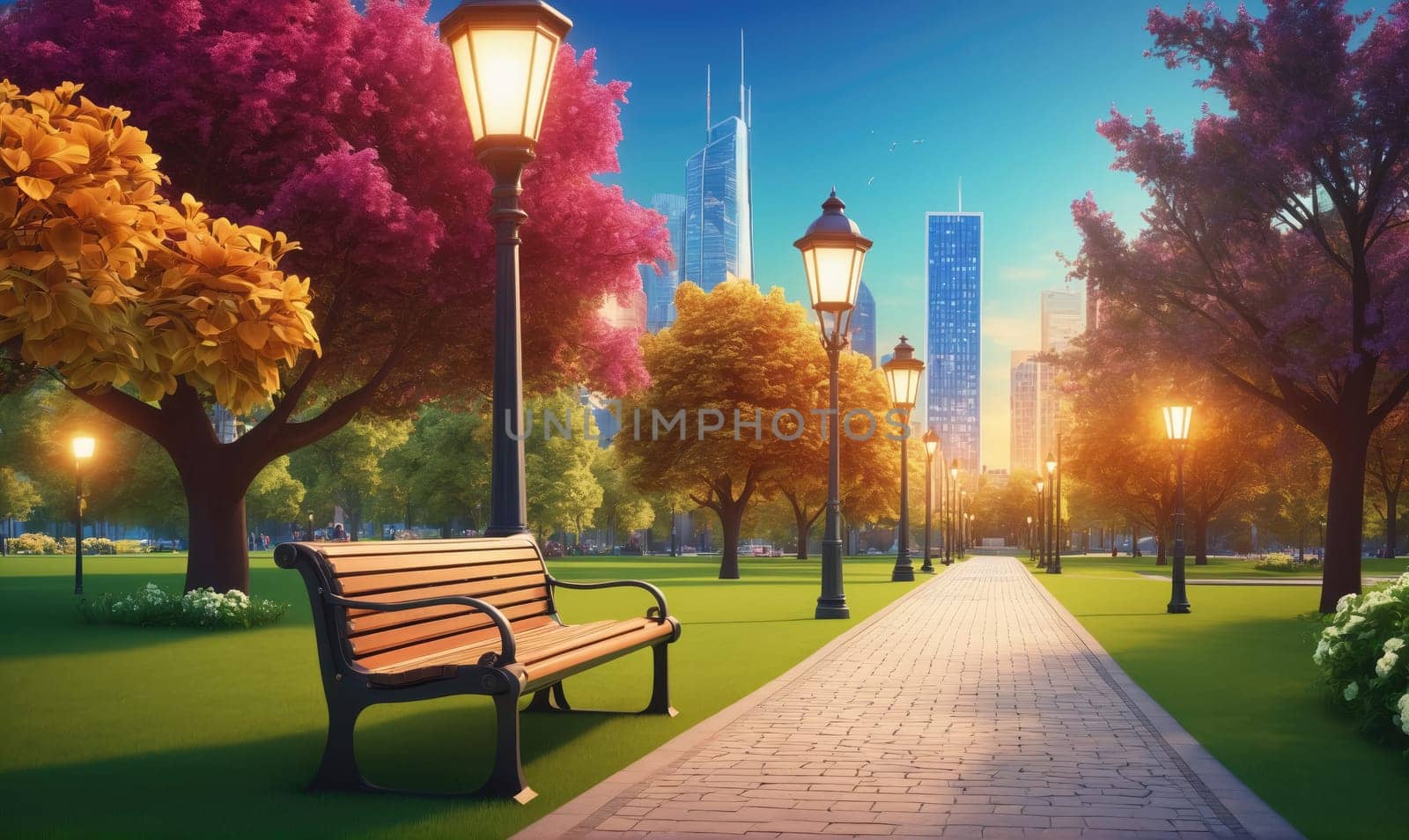 A park with a brick path lined with streetlights. There are trees with fall foliage in shades of red, yellow, and green on both sides of the path. In the foreground, a wooden bench sits on the grass