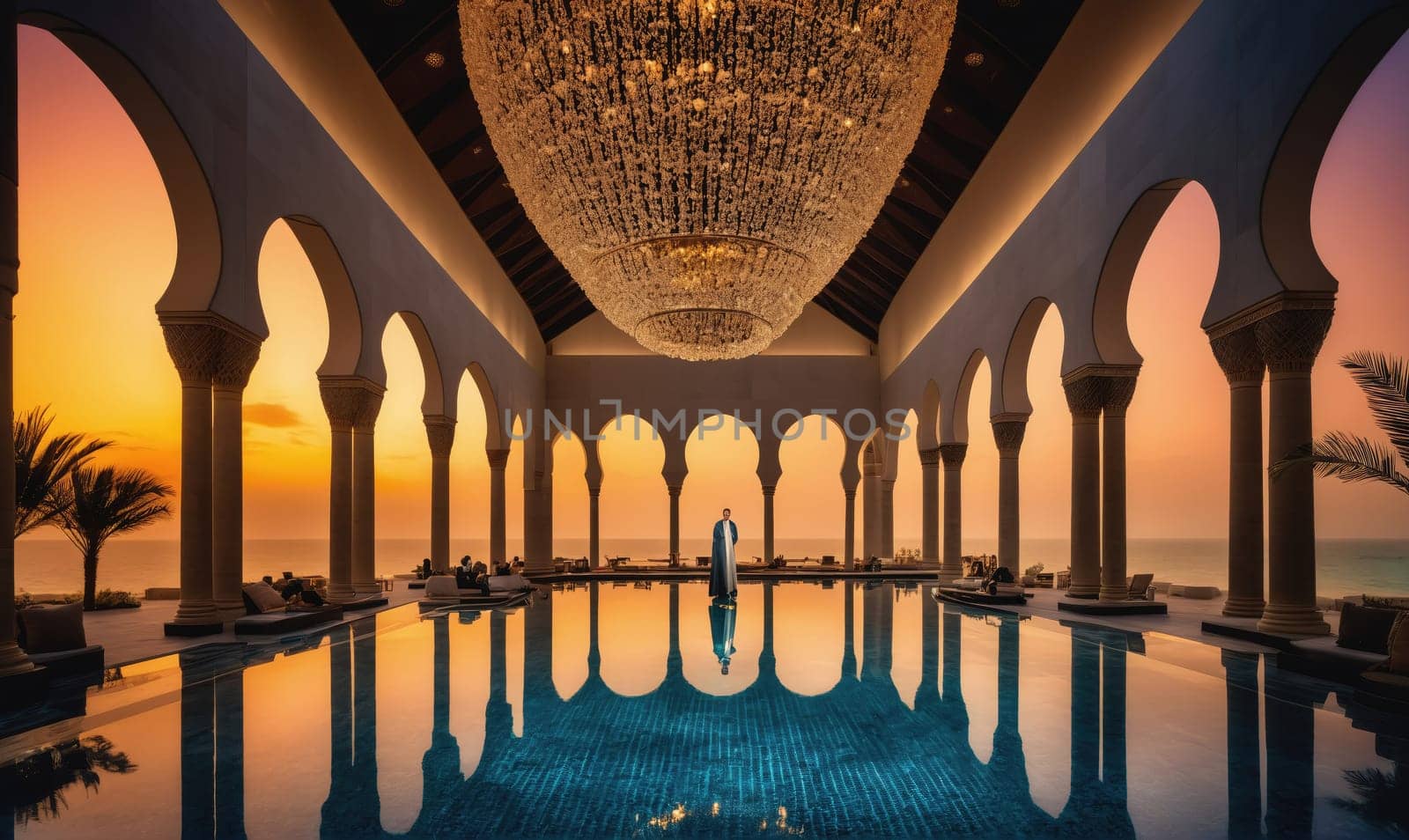 A man is standing in the middle of a large, rectangular pool. The pool is surrounded by white pillars, arches, and a chandelier. The setting sun casts a warm glow on the water.