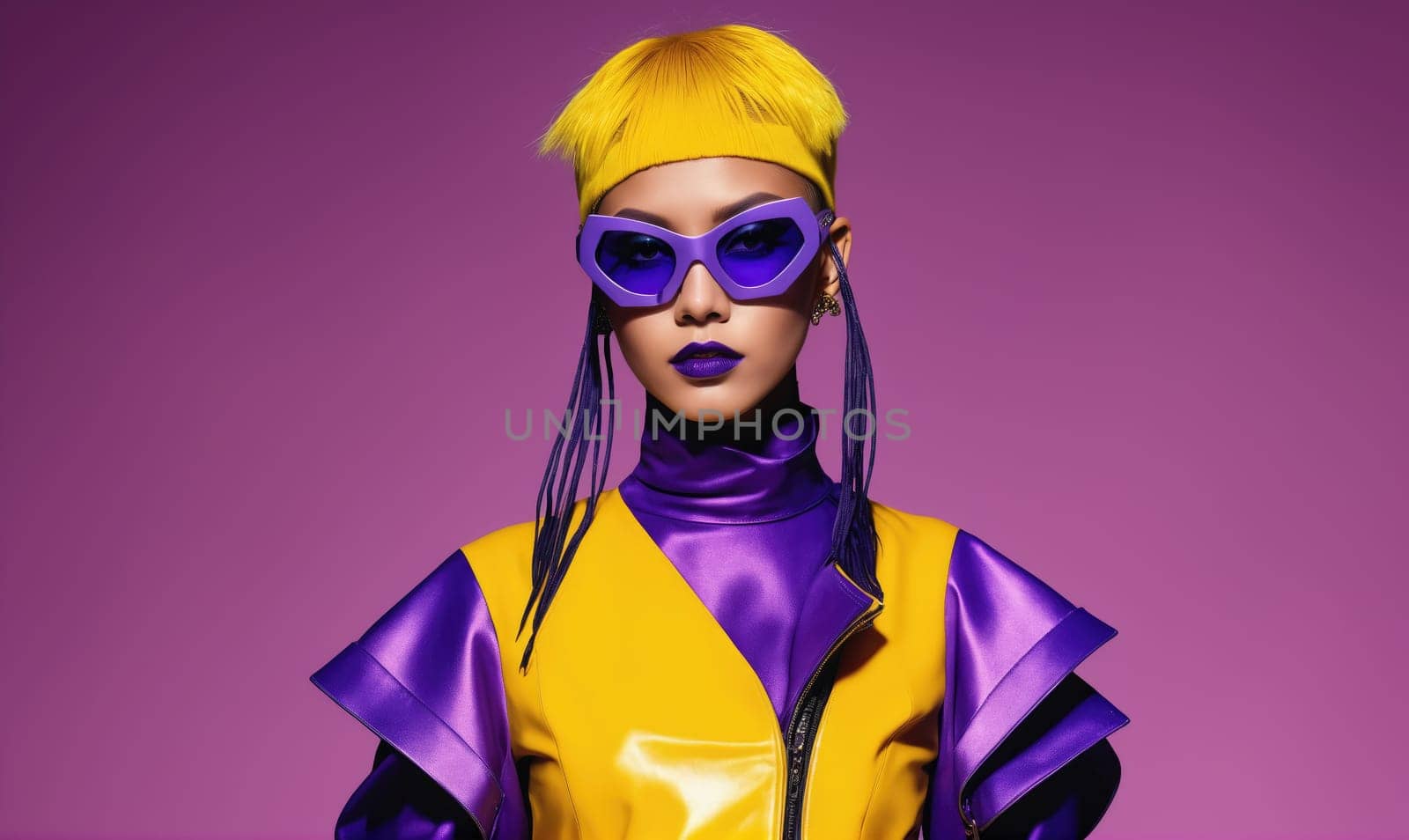 A woman with yellow hair styled in a short, choppy cut is wearing a yellow and purple outfit