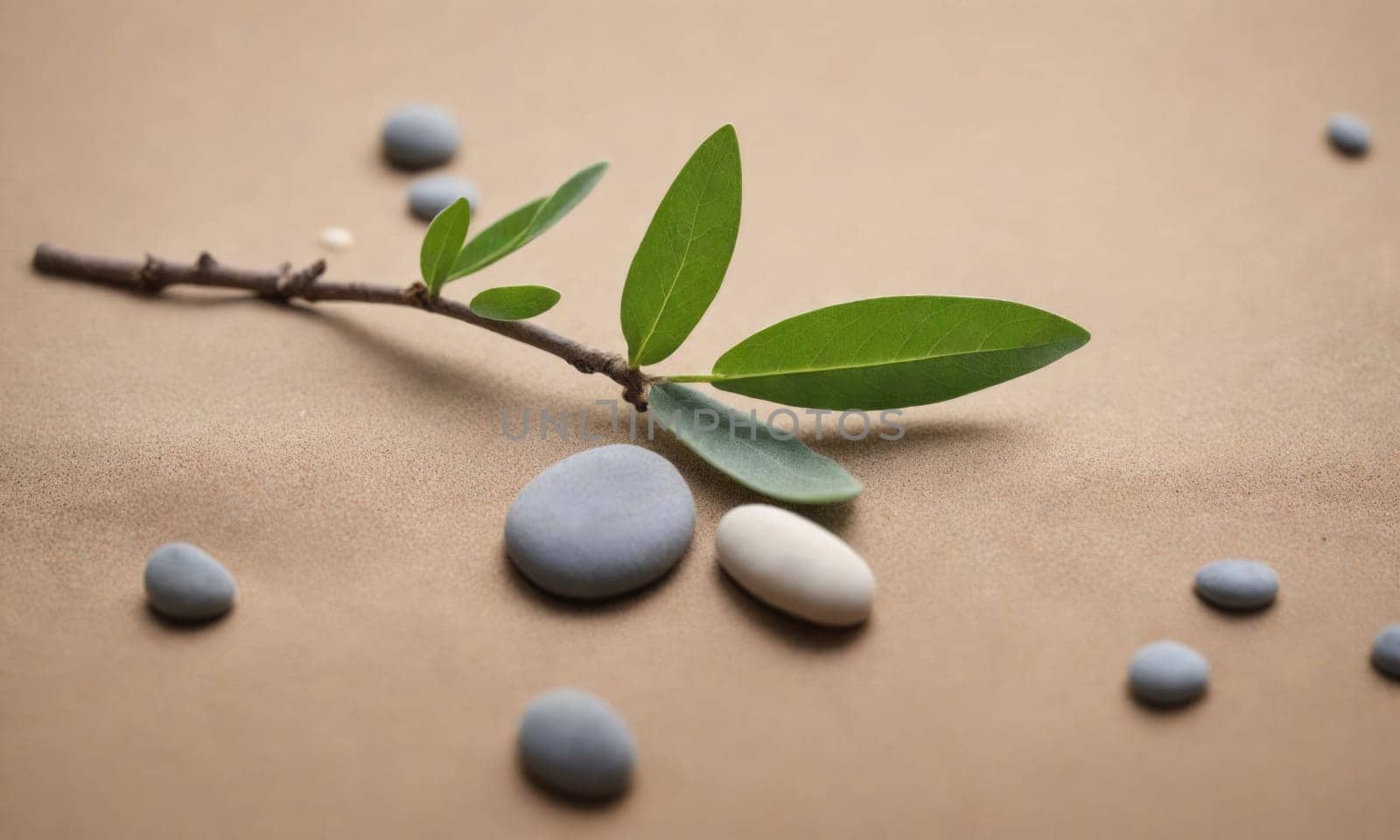 A small twig with leaves rests on a beige surface. There are multiple gray and white stones scattered around the twig.