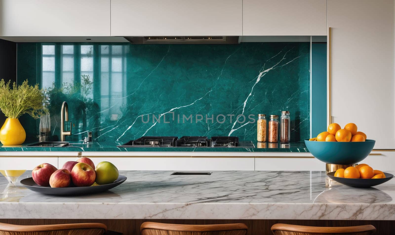 A kitchen countertop is shown with a marble finish. It has a teal marble backsplash above with a stove. There are bowls of fruit on the counter.