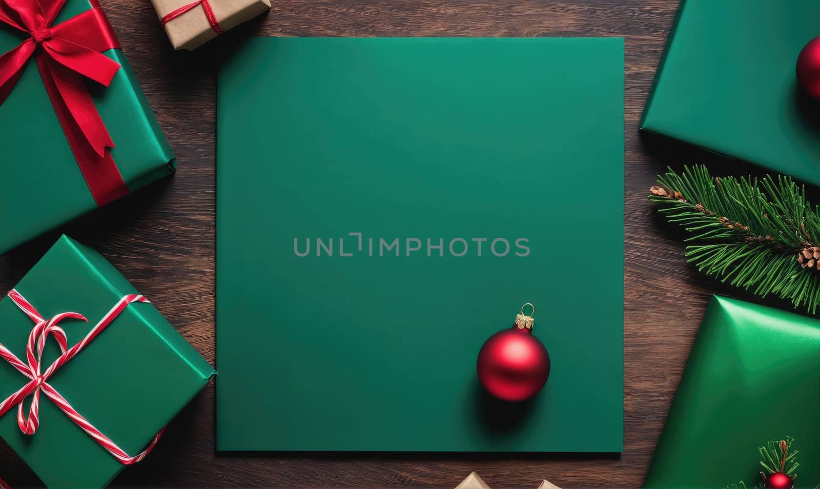 A flat lay of Christmas gifts, ornaments, and greenery on a wooden surface. The focal point is a green card with a single red ornament centered on it.