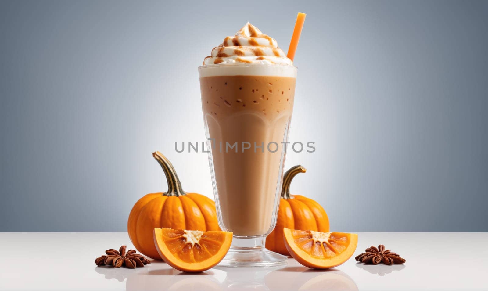 A tall glass of pumpkin spice latte is on a white table surrounded by two miniature pumpkins, two orange slices, and two star anise