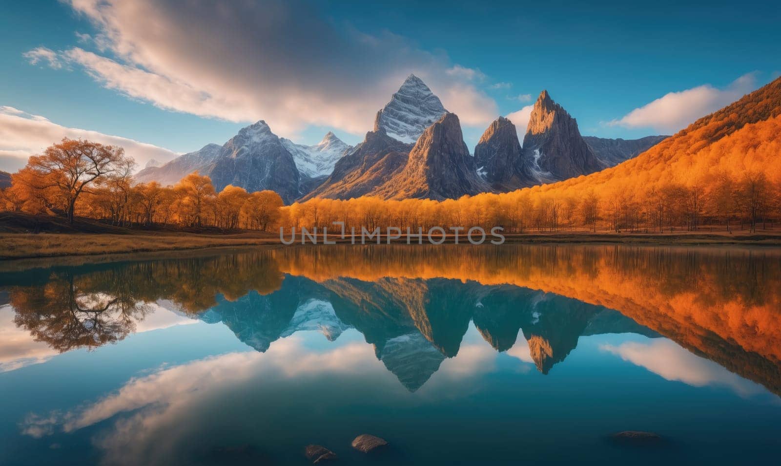 A tranquil lake is situated between a line of autumnal trees and a range of imposing mountains. The mountains are reflected perfectly in the still water, creating a stunning, symmetrical image