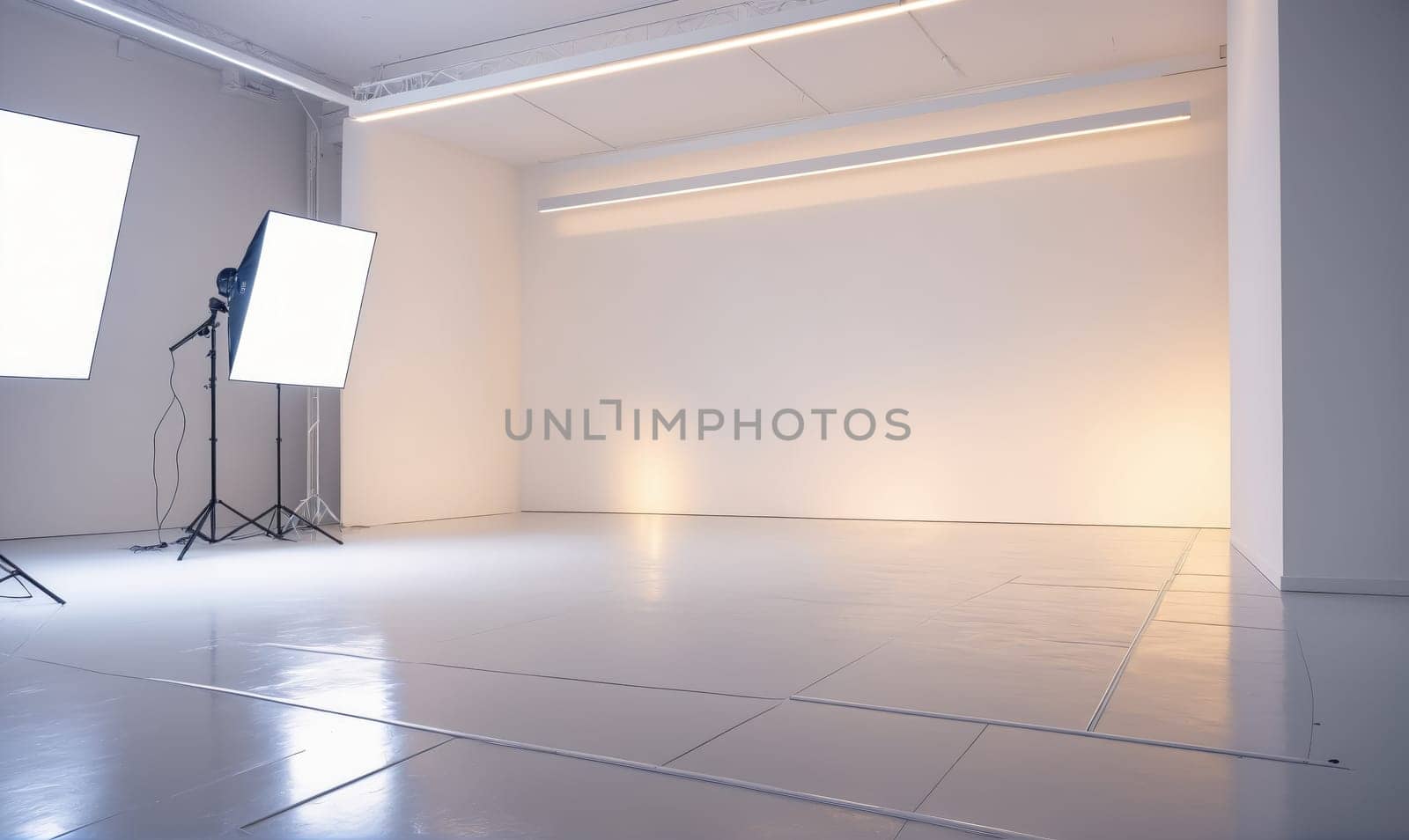 A white, empty studio space with white walls and a white tiled floor. There are two softboxes on light stands, along with overhead lights.