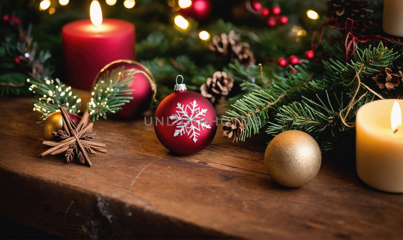 A red Christmas ornament with a snowflake design rests on a wooden table surrounded by pine branches, pine cones, and ornaments. Two candles are burning nearby, one red and one white.