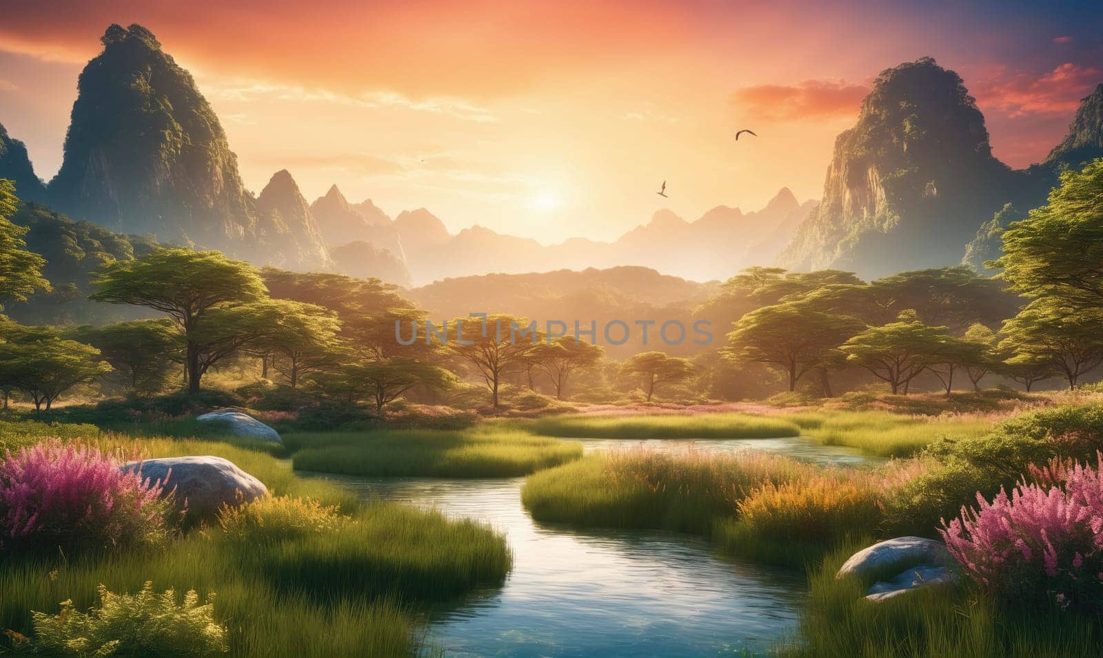 A peaceful scene with a river meandering through a valley, surrounded by trees and grasslands. Two birds fly in the sky, and the sun sets over the distant mountains